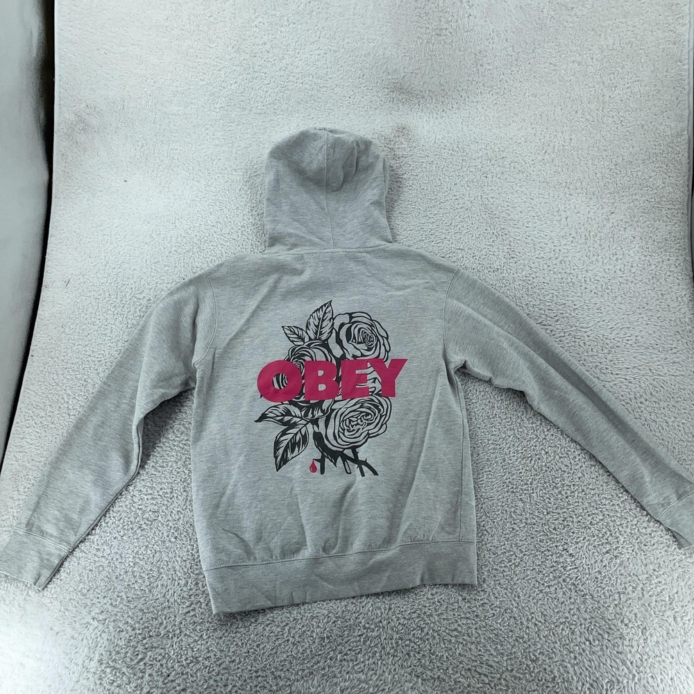 Obey Hoodie Womens Small Gray Rose Floral Pullover Sweatshirt Streetwear Skate‎